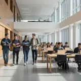 Studenci na jednolitych studiach magisterskich w nowoczesnej bibliotece, jedni idą z książkami, inni uczą się przy laptopach.