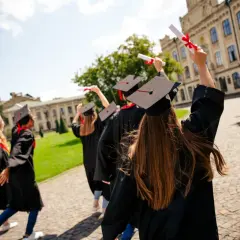 Absolwenci w togach i biretach świętują sukces na tle pięknego kampusu, symbolizując drogę do najlepszych uczelni w Polsce.