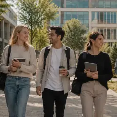 Pięcioro studentów, w tym Azjata, Europejka, mężczyzna o śniadej cerze, Azjatka i Afroamerykanka, idzie razem po kampusie, ciesząc się możliwościami studiów za granicą.