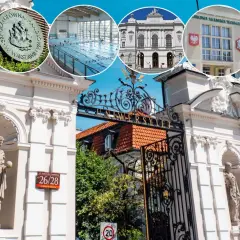 Uczelnie publiczne Warszawa: brama Uniwersytetu, basen, budynki SGH i WAT.