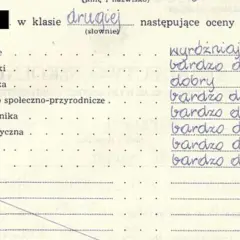 Uczeń otrzymał w drugiej klasie następujące oceny roczne: wyróżniające, bardzo dobre, dobre.