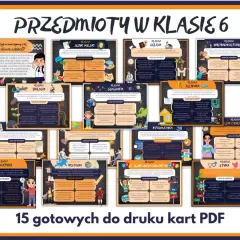 Przedmioty w klasie 6: język polski, matematyka, biologia, geografia, historia, technika, informatyka, wychowanie fizyczne, etyka, religia, języki obce.