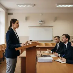 Kobieta prezentuje swoją obronę przed komisją. Słuchacze uważnie notują.