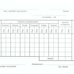 Formularz do rozliczania godzin przepracowanych, w tym godzin ponadwymiarowych, z podziałem na dni tygodnia i rodzaje zajęć (plan, zastępstwo).