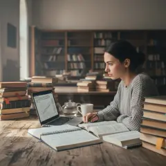 Studentka w bibliotece pochłonięta nauką. Zastanawia się, ile trwa doktorat, otoczona stertami książek i notatek.
