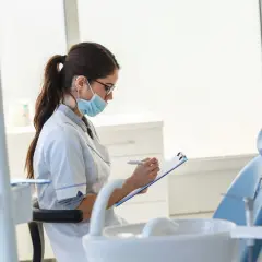 Studentka stomatologii w masce i okularach notuje coś na kartce. W tle widać fotel dentystyczny.