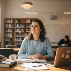 Kobieta zamyślona nad książkami, przygotowanie pedagogiczne studia podyplomowe. Na stole laptop, kubek kawy, stos książek.