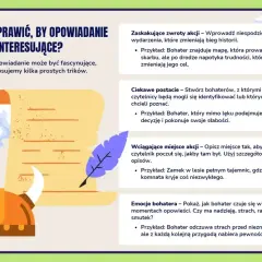 Ilustracja z hełmem wikinga, zwojem i piórem, obok tekstu o tworzeniu ciekawych opowiadań.