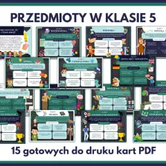 Grafika przedstawia zestaw kart edukacyjnych z przedmiotami dla 5 klasy szkoły podstawowej.