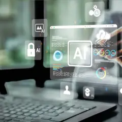 Interakcja z interfejsem AI podczas studiów programistycznych. Widoczne ikony: obraz, blokada, chmura, dokumenty, wyszukiwarka, czat.