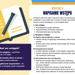Grafika pokazuje jak napisać wstęp do rozprawki. Podkreśla cel, strukturę i czego unikać.