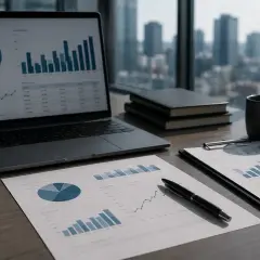 Biurko analityka finansowego z laptopem wyświetlającym wykresy, dokumenty, książki i kubek kawy na tle panoramy miasta.