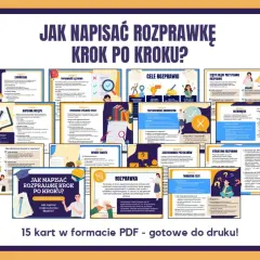Grafika przedstawia materiały edukacyjne "Jak napisać rozprawkę krok po kroku?", zawierające 15 kart PDF z poradami, jak tworzyć rozprawki.