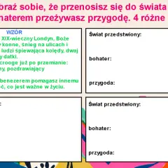 Szablon do tworzenia własnych opowiadań, z polami na świat, bohatera i przygodę. Przykład dotyczy Scrooge'a.