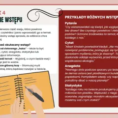 Ilustracja przedstawia otwarty notatnik z ręką piszącą piórem, obok tekst o pisaniu wstępu do eseju.