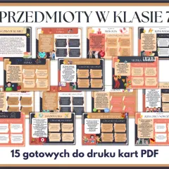 Przedmioty w 7 klasie: fizyka, matematyka, biologia, język polski, etyka, muzyka, chemia, informatyka, plastyka, religia, wychowanie fizyczne, język obcy.