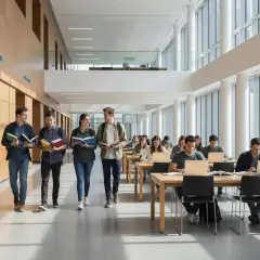 Studenci na jednolitych studiach magisterskich w nowoczesnej bibliotece, jedni idą z książkami, inni uczą się przy laptopach.