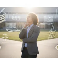 Młody mężczyzna rozważa ścieżki kariery, otoczony symbolami nauki, prawa i technologii, co sugeruje jego przyszłe zarządzanie studiami.