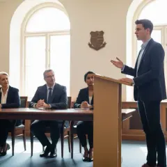 Młody mężczyzna prezentuje swoją obronę pracy licencjackiej przed komisją.