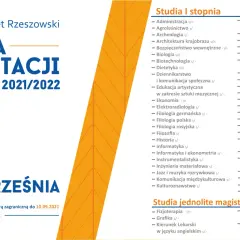 Logo Uniwersytetu Rzeszowskiego, tekst "II Tura Rekrutacji 2021/2022" i lista kierunków studiów.
