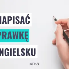 Dłoń trzymająca ołówek nad tekstem "Jak napisać rozprawkę po angielsku".