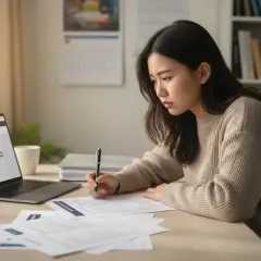 Młoda kobieta skupiona na wypełnianiu dokumentów, kiedy składa się papiery na studia. Na ekranie laptopa widoczny kalendarz.