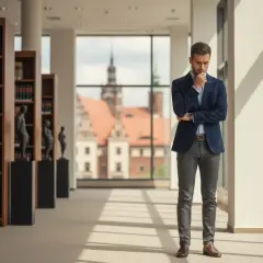 Młody prawnik zastanawia się, ile trwają studia prawnicze, stojąc w bibliotece z widokiem na zabytkowe budynki.