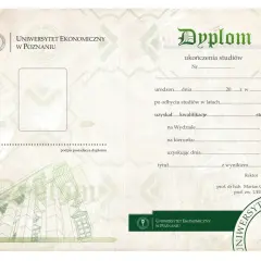 Dyplom ukończenia studiów Uniwersytetu Ekonomicznego w Poznaniu, symboliczny dokument potwierdzający zakończenie edukacji i osiągnięcie celu, jakim jest **graduation**.