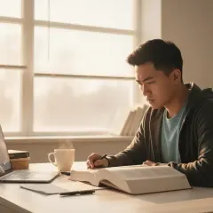 Młody mężczyzna pochylony nad książką, pisze notatki. Na biurku laptop, kubek parującej kawy. To jego codzienny warunek na studiach.