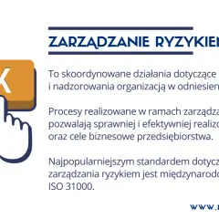 Grafika przedstawia przycisk "RISK" i ikonę palca wskazującego, symbolizujące zarządzanie ryzykiem. Tekst wyjaśnia, czym jest zarządzanie ryzykiem i jego znaczenie.