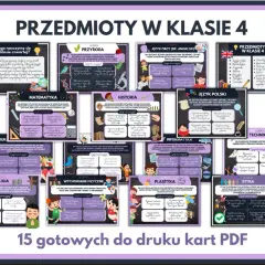 Przedmioty w 4 klasie: przyroda, matematyka, historia, język polski, angielski, informatyka, technika, plastyka, wychowanie fizyczne, edukacja zdrowotna, religia, etyka.