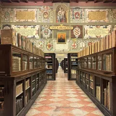 Wnętrze zabytkowej biblioteki z rzędami drewnianych regałów pełnych starych ksiąg, ozdobione malowidłami. To miejsce, gdzie narodziła się nauka, symbolizujące najstarszy uniwersytet na świecie.