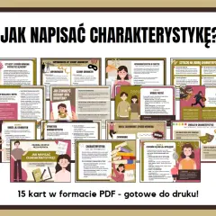 Grafika przedstawia kolaż kart z poradnikiem o pisaniu charakterystyki postaci, z tytułem "Jak napisać charakterystykę?".