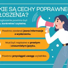 Przykładowe ogłoszenie: jasne, krótkie, zrozumiałe, przyciągające uwagę. Kobieta z megafonem objaśnia cechy dobrego ogłoszenia.