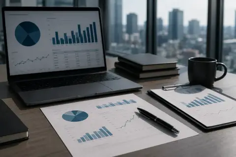 Biurko analityka finansowego z laptopem wyświetlającym wykresy, dokumenty, książki i kubek kawy na tle panoramy miasta.