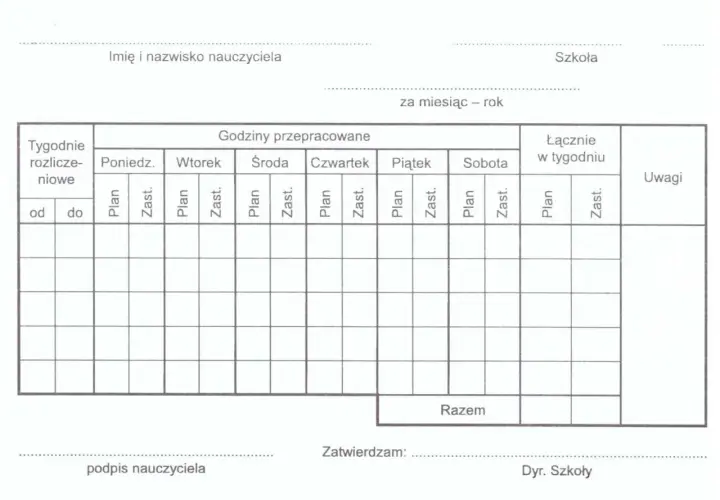 Formularz do rozliczania godzin przepracowanych, w tym godzin ponadwymiarowych, z podziałem na dni tygodnia i rodzaje zajęć (plan, zastępstwo).