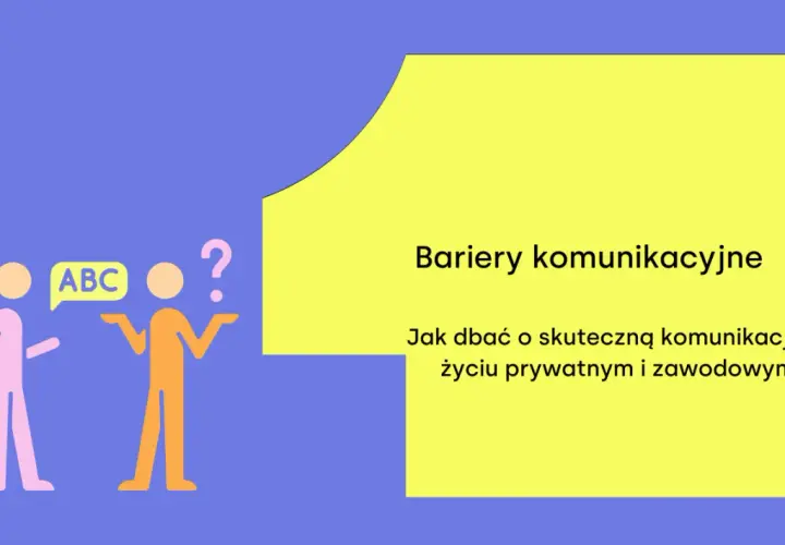 Dwie postacie, jedna z napisem "ABC", druga ze znakiem zapytania, symbolizują bariery komunikacyjne.