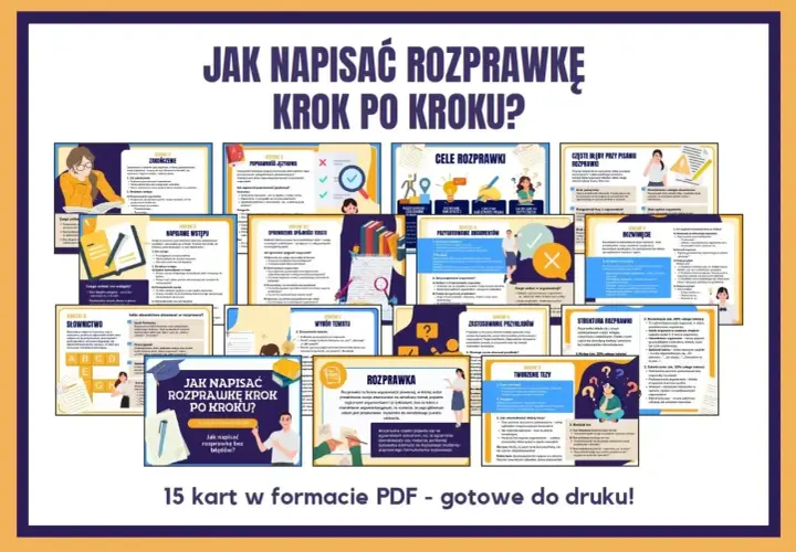 Zestaw 15 kart PDF "Jak napisać rozprawkę krok po kroku?", omawiający cele, strukturę, tworzenie tezy i argumentów, z przykładami.
