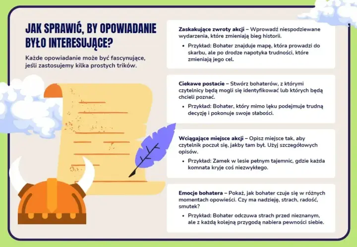 Ilustracja z hełmem wikinga, zwojem i piórem, obok tekstu o tworzeniu ciekawych opowiadań.