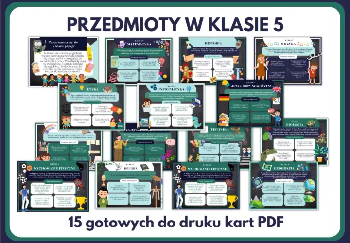 Grafika przedstawia zestaw kart edukacyjnych z przedmiotami dla 5 klasy szkoły podstawowej.