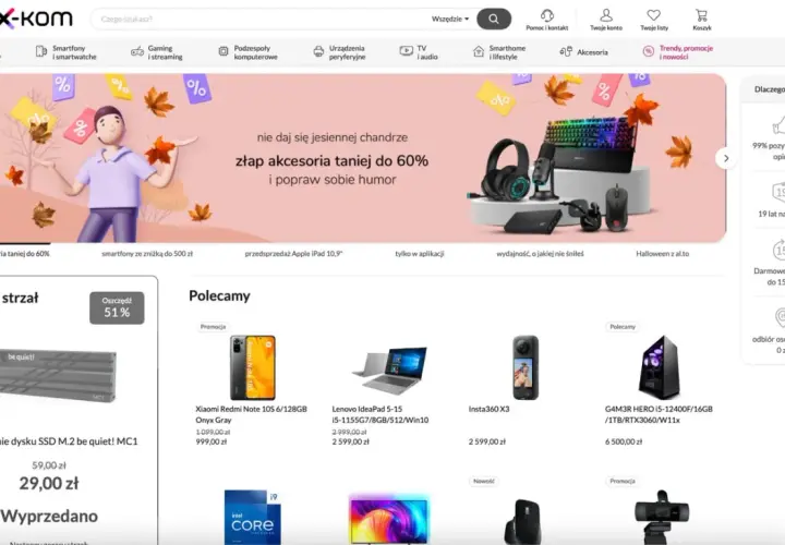 Strona tytułowa X-kom z jesienną promocją na akcesoria do 60% taniej.