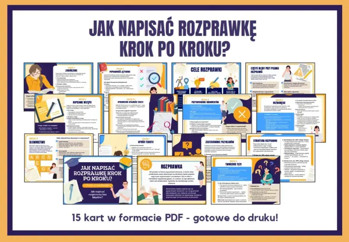 Grafika przedstawia materiały edukacyjne "Jak napisać rozprawkę krok po kroku?", zawierające 15 kart PDF z poradami, jak tworzyć rozprawki.