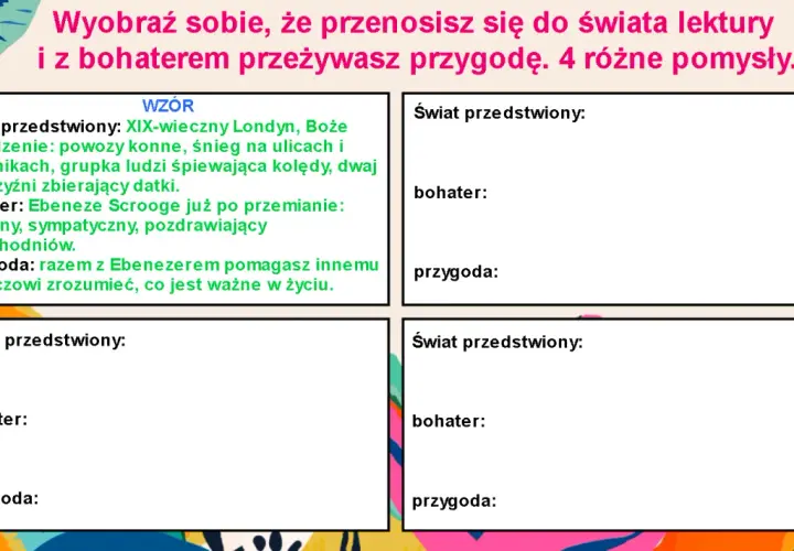Szablon do tworzenia własnych opowiadań, z polami na świat, bohatera i przygodę. Przykład dotyczy Scrooge'a.