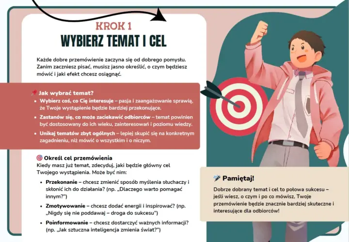 Ilustracja przedstawia młodego mężczyznę z podniesioną ręką, celującego strzałą w tarczę, symbolizującą wybór tematu i celu przemówienia.