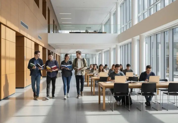 Studenci na jednolitych studiach magisterskich w nowoczesnej bibliotece, jedni idą z książkami, inni uczą się przy laptopach.
