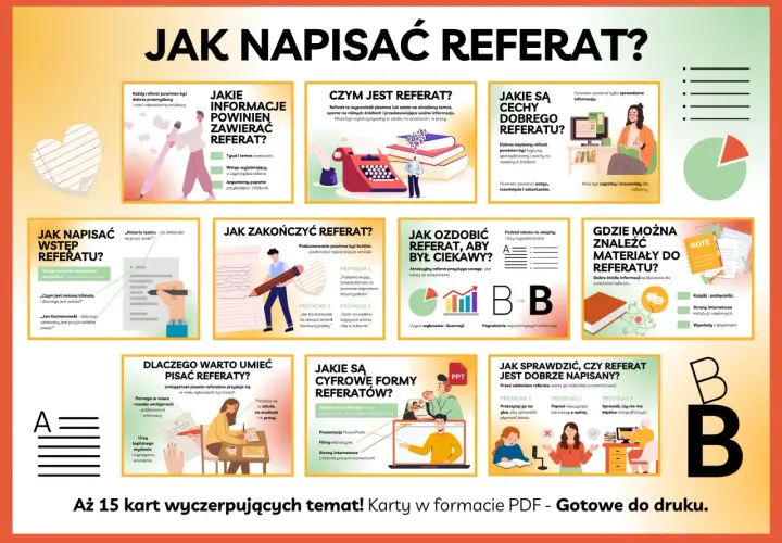 Ilustracja przedstawia schemat informacyjny o pisaniu referatów z ikonami i tekstem.