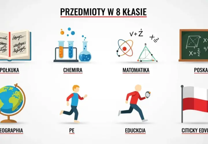 Ilustracja przedstawia przedmioty w 8 klasie: książkę (polski), probówki (chemia), wzory matematyczne, tablicę (matematyka), globus (geografia), biegaczy (WF), flagę (WOS).