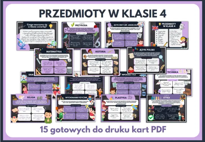 Przedmioty w 4 klasie: przyroda, matematyka, historia, język polski, angielski, informatyka, technika, plastyka, wychowanie fizyczne, edukacja zdrowotna, religia, etyka.