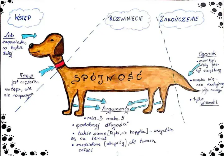 Schemat rozprawki w formie psa: głowa to wstęp, tułów to rozwinięcie z argumentami (min. 3), a ogon to zakończenie.