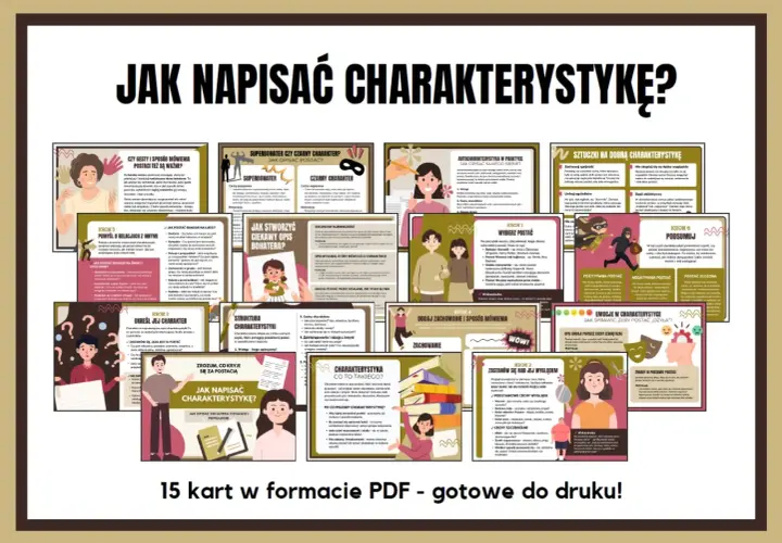Grafika przedstawia kolaż kart z poradnikiem o pisaniu charakterystyki postaci, z tytułem "Jak napisać charakterystykę?".
